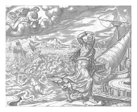 Foto de Dios ordena a Jonás que vaya a Nínive, Philips Galle, después de Maarten van Heemskerck, 1596 - 1633 Jonás se para en la costa y mira a Dios acostado en una nube y hablando con él. - Imagen libre de derechos