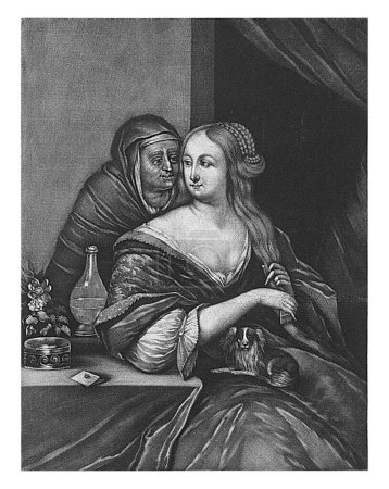 Foto de Mujer joven y casamentera, Pieter Schenk (I), 1670 - 1713 Una joven se peina el pelo, un perro en su regazo. Detrás de ella una anciana que se inclina hacia la oreja de la joven. - Imagen libre de derechos