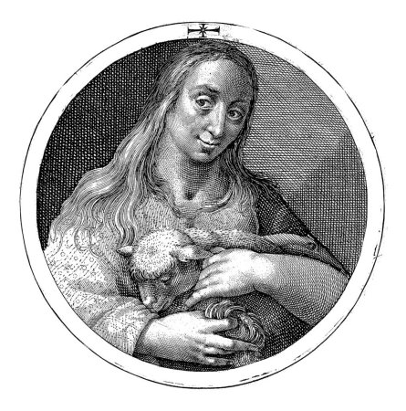 Téléchargez les photos : Sibyl d'Erythrae, Crispijn van de Passe (I), 1601 Buste de Sibyl d'Erythrae. Dans ses bras, elle tient un agneau. La scène est contenue dans un médaillon avec une inscription en latin. - en image libre de droit