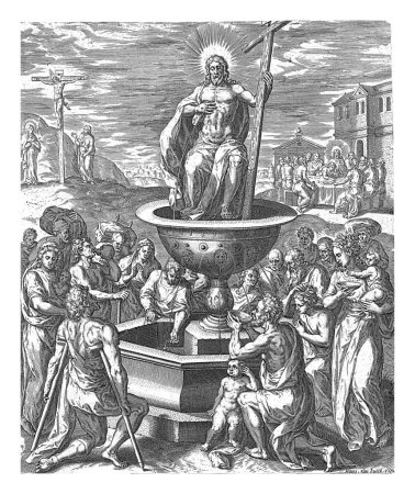 Foto de Cristo como fuente de vida, Hans Collaert (I), después de Crispijn van den Broeck, 1530 - 1580 Cristo, con una cruz, se levanta sobre una fuente. - Imagen libre de derechos