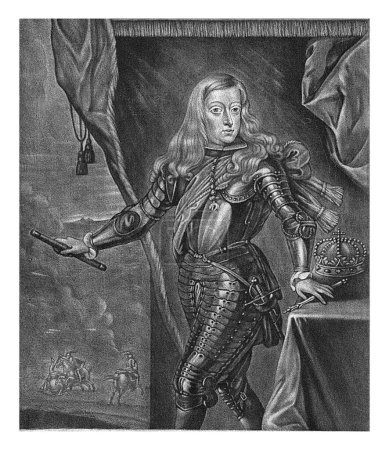 Téléchargez les photos : Portrait de Charles II, roi d'Espagne, Jan van der Bruggen, 1676 - 1700 Portrait de Charles II, roi d'Espagne, portant une chaîne avec l'ordre de la Toison d'or autour du cou. - en image libre de droit