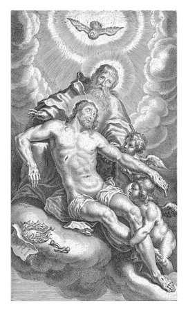 Foto de Ascensión de Cristo, Cornelis Galle (II), 1638 - 1678 Dios Padre y dos ángeles llevan a Cristo en una nube al cielo. Sobre ellos se cierne el Espíritu Santo en forma de paloma en un halo. - Imagen libre de derechos
