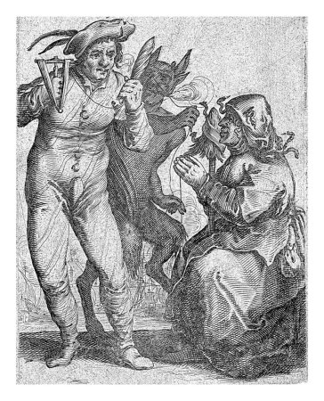 Photo for Cartoon on Cromwell, ca. 1652-1654, Salomon Savery, after Pieter Jansz. Quast, 1652 - 1654 The devil confuses the yarn, 1652. A seated woman spins yarn which is wound by a man from a spool onto a reel - Royalty Free Image