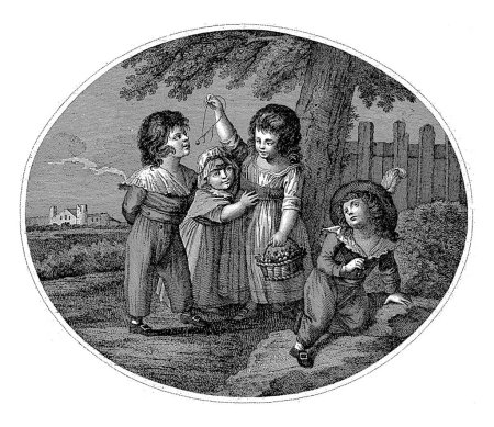 Foto de Cuatro niños jugando, Antonio Suntach, Giovanni Suntach, después de William Hamilton, 1754 - 1842 A la izquierda un niño juega con una peonza. - Imagen libre de derechos