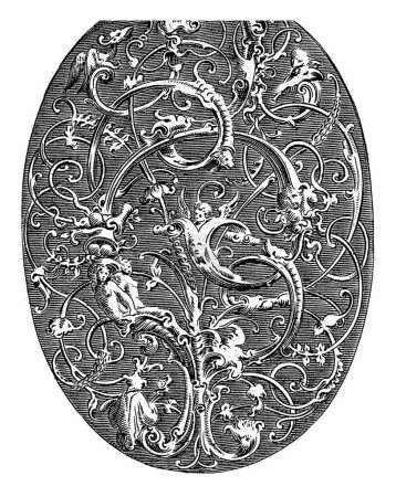 Téléchargez les photos : Ovale avec des vrilles stylisées incorporant des figures, Hans Janssen, 1615 - v. 1630 Les vrilles comprennent deux femmes nues et un oiseau. - en image libre de droit