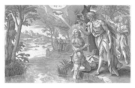 Téléchargez les photos : Baptême du Christ, Antonie Wierix (II), d'après Maerten de Vos, 1639 Christ est baptisé dans le Jourdain par Jean-Baptiste, en présence de deux anges. - en image libre de droit