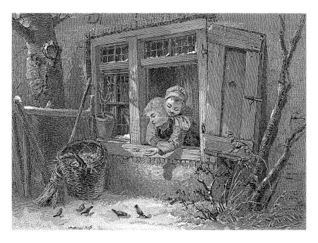 Foto de Aves en la nieve frente a una ventana, Christiaan Lodewijk van Kesteren, después de Mari ten Kate, 1842 - 1897 Un niño y una niña observan cinco pájaros en la nieve desde una ventana abierta. - Imagen libre de derechos