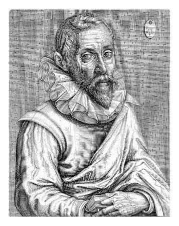 Foto de Retrato de Gillis van Coninxloo, Andries Jacobsz. Stock, 1610 Retrato de medio cuerpo a la derecha de Gillis van Coninxloo. Debajo del retrato hay nombre y cuatro líneas en latín. - Imagen libre de derechos