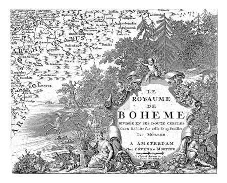 Fragment einer Landkarte von Böhmen, Jan Punt (möglicherweise), 1744 Eine reich verzierte Kartusche mit französischem Titel, verziert mit Füllhorn, Blättern und Putten.
