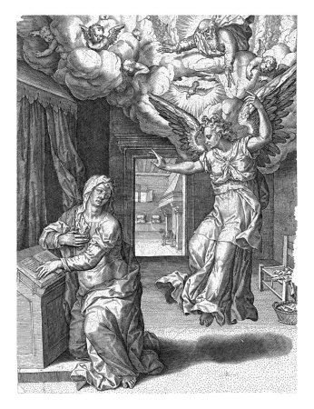 Foto de Anunciación del nacimiento de Cristo a María, Pieter Jalhea Furnius, 1550 - 1625 El ángel Gabriel se le aparece a María mientras lee en un atril de una habitación. - Imagen libre de derechos