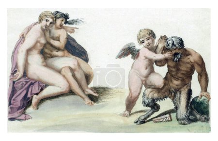 Foto de Amor castiga a un sátiro, anónimo, después de Annibale Carracci, 1688 - 1698 Amor castiga a un sátiro, que ha dejado caer su flauta en el suelo. - Imagen libre de derechos