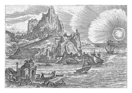 Téléchargez les photos : Paysage côtier, Hendrick van Cleve, 1585 Paysage avec la côte à gauche et la mer à droite. Quelques bateaux au premier plan. - en image libre de droit