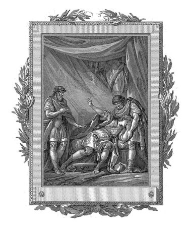Foto de Telémaco consolado por Néstor y Filoctetos, Jean-Baptiste Tilliard, después de Charles Monnet, 1785 Telémaco, llorando en una cama, es consolado por Néstor y Filoctetos en una tienda de campaña. - Imagen libre de derechos