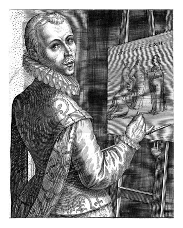 Téléchargez les photos : Portrait d'Otto van Veen, Robert de Baudous, 1610 Demi-portrait à droite d'Otto van Veen. En dessous du portrait se trouvent le nom et quatre lignes en latin. - en image libre de droit