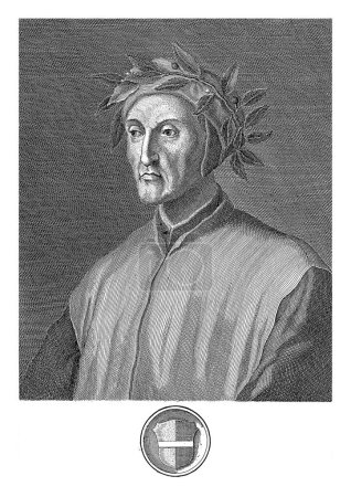 Téléchargez les photos : Portrait de Dante Alighieri, Francesco Allegrini, d'après Giuseppe Zocchi, 1761 Portrait du poète Dante Alighieri en demi-personne, avec une couronne de laurier sur la tête. - en image libre de droit