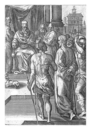 Christus für Herodes, Johannes Wierix, nach Crispijn van den Broeck, 1576 wird Christus von bewaffneten Soldaten zu König Herodes gebracht. Herodes stellt Christus in Frage, aber er antwortet ihm nicht.