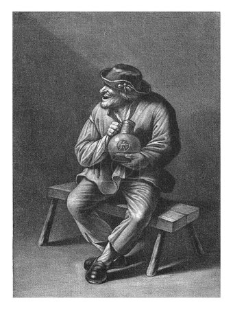 Foto de Campesino sentado con jarra, Abraham Bloteling, después de Cornelis Pietersz. Bega, 1652 - 1690 Un granjero se sienta en un banco de madera y sostiene una jarra en sus manos. - Imagen libre de derechos