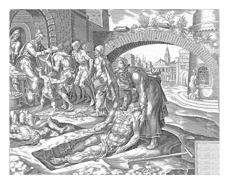 Foto de Tobías muestra misericordia, Harmen Jansz Muller, después de Maarten van Heemskerck, 1564 - 1568 Tobías muestra misericordia enterrando adecuadamente a los muertos. - Imagen libre de derechos