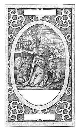 Téléchargez les photos : Sainte Thèce d'Iconium (Illaesa), Hieronymus Wierix, 1563 - avant 1619 Sainte Thèce d'Iconium entourée d'un lion, d'un ours, d'un taureau et d'un cerf. - en image libre de droit