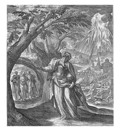 Photo for Lot's wife turns into a pillar of salt, Raphael Sadeler (I), after Maerten de Vos, 1583 During the flight from Sodom of Lot and his family, Lot's wife looks back at burning Sodom. - Royalty Free Image