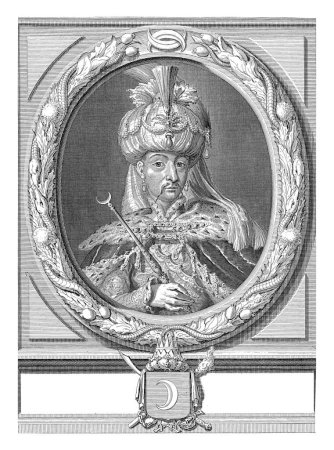Téléchargez les photos : Portrait de Mehmet IV, sultan de l'Empire ottoman, Jacob Gole, 1670-1724 Portrait dans le cadre ovale ornemental du sultan Mehmet IV. Demi-longueur à droite. - en image libre de droit