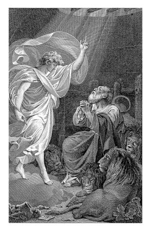 Foto de Daniel en la guarida del león, Reinier Vinkeles (I), después de Jacques Kuyper, 1771 - 1816 Un ángel se le aparece a Daniel, que está sentado en la guarida del león con las manos y la cabeza dobladas en alto. - Imagen libre de derechos