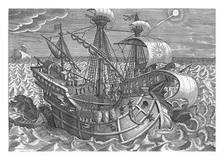 Téléchargez les photos : Détermination de la longitude au moyen d'une boussole, Jan Collaert, d'après Jan van der Straet, vers 1593 - vers 1598 Une personne à bord d'un voilier prend une allure du soleil avec une boussole de déclinaison. - en image libre de droit