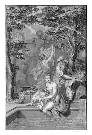 Téléchargez les photos : Bathsheba Prendre un bain, Balthasar Bernards, d'après Bernard Picart, vers 1711 - vers 1720 Bathsheba prend un bain dans le jardin du palais du roi David. Deux bonnes l'aident.. - en image libre de droit
