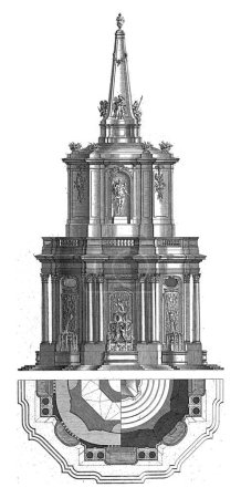 Téléchargez les photos : Fontaine avec Neptune, inconnue, d'après François de Cuvillies (Sr.), 1745 Conception et plan d'une fontaine avec putti et Neptune. - en image libre de droit