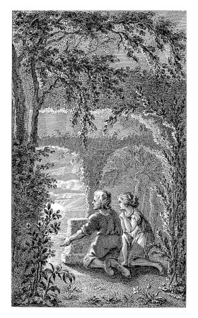 Photo for Paulus and Virginia look at the sun, Reinier Vinkeles (I), 1751 - 1816 In a garden, Paulus and Virginia look at the sun from behind a bush. Illustration for the story 'Paul et Virginie'. - Royalty Free Image