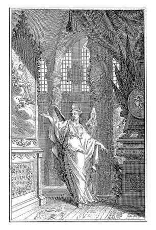 Téléchargez les photos : La piété à l'intérieur d'une église, Simon Fokke, 1754 Une femme avec une flamme sur la tête, peut-être la piété, à l'intérieur d'une église pointe vers une image d'un Christ intronisé assis sur un globe. - en image libre de droit