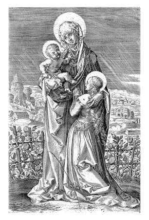 Foto de Santa Ana, con la Virgen y el Niño, Wierix (posiblemente), 1550 - 1650 Santa Ana sostiene en sus brazos al Niño Jesús. Ella ha puesto su otro brazo alrededor de los hombros de María arrodillada. - Imagen libre de derechos