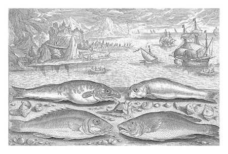 Téléchargez les photos : Quatre poissons sur la plage, Adriaen Collaert, 1627-1636 Un donjon, un poisson-boxe, un merlan et un autre poisson sont échoués sur la plage avec quelques coquillages. - en image libre de droit
