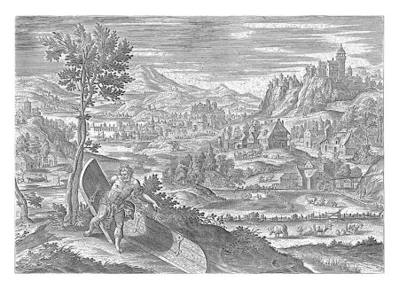 Photo for Samson carries the gates of Gaza, Antonie Wierix (II), after Jan Snellinck (I), 1585 Samson carries the gates of the city of Gaza on his shoulders. In the background the city of Gaza. - Royalty Free Image