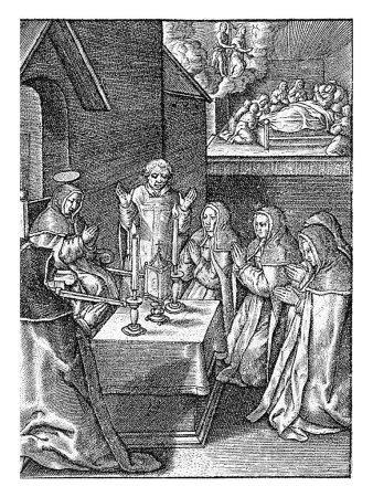 Foto de Santa Clara de Asís, Jerónimo Wierix, 1563 - antes de 1619 Santa Clara, vestida con el hábito de la orden franciscana, adora la monstrancia con la hostia durante la misa. - Imagen libre de derechos
