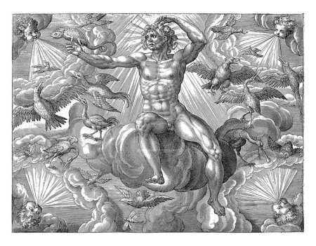 Téléchargez les photos : Air, Adriaen Collaert, d'après Maerten de Vos, 1580 - 1584 L'élément de l'air, personnifié par un homme nu assis dans les nuages. Il est entouré d'oiseaux et d'insectes volants. - en image libre de droit