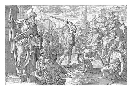 Téléchargez les photos : Martyre de Paul, Hendrick Goltzius, d'après Maerten de Vos, 1646 Paul est décapité par une épée dans la ville de Rome. À gauche de la scène de son martyre, il est représenté à nouveau, avec une épée . - en image libre de droit