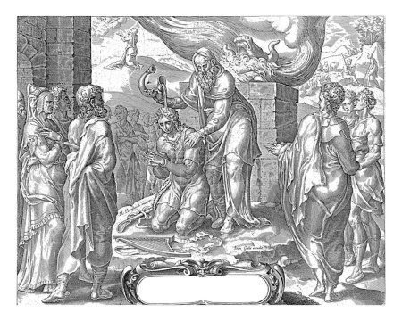 Téléchargez les photos : David est oint par Samuel, anonyme, après Maarten van Heemskerck, 1626 - 1676 David s'agenouille devant le prophète Samuel, qui l'oint comme roi avec de l'huile d'une corne. Sa harpe est devant David. - en image libre de droit