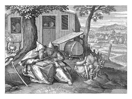 Téléchargez les photos : H. Romualdus de Ravenne et H. Marinus comme ermite, Jan van Londerseel, d'après Maerten de Vos, 1580 - 1625 Les saints Romualdus de Ravenne et Marinus sont assis devant une cabane d'ermite dans les collines - en image libre de droit