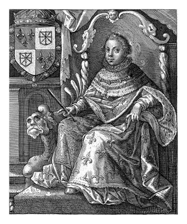 Téléchargez les photos : Portrait de Louis XIII, Crispijn van de Passe (I), en 1610 ou après 1637 Portrait de Louis XIII, roi de France. Il est assis sur un trône et porte une chaîne d'ordre de l'Ordre du Saint-Esprit. - en image libre de droit