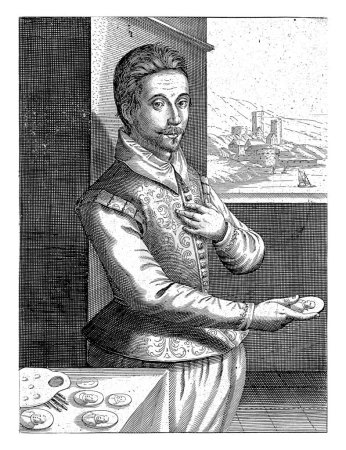 Téléchargez les photos : Portrait d'Isaac Oliver, Robert de Baudous, 1610 Demi-portrait à droite d'Isaac Oliver. En dessous du portrait se trouvent le nom et quatre lignes en latin. - en image libre de droit
