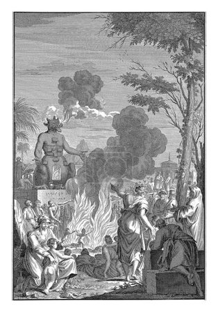 Sacrificios humanos para el Moloch ídolo, Jan Lamsvelt, después de P. Goeree, 1684 - 1743 Representación bíblica del Antiguo Testamento. Israelitas se han reunido alrededor de la estatua del ídolo Moloch.