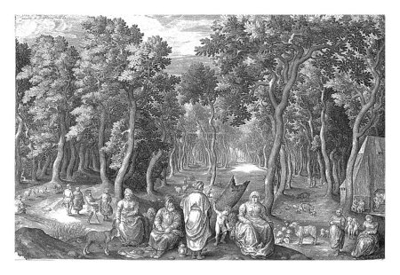 Téléchargez les photos : Farmer's Family in a Wood, Nicolaes de Bruyn, 1661 - 1726 Une famille de fermiers dans une clairière dans les bois. Au premier plan un vieil homme, plusieurs femmes et trois enfants. - en image libre de droit