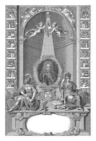 Téléchargez les photos : Portrait d'un inconnu, Pieter van Gunst, d'après Hebsen, 1659-1731 Obélisque avec un portrait d'un inconnu en armure. Probablement un membre du Skeltus danois. Sous le portrait, les initiales OX. Deux chérubins volent au-dessus de l'obélisque et tiennent un c - en image libre de droit