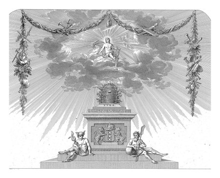 Foto de Cortina de escenario del teatro de Ámsterdam, Reinier Vinkeles (I), después de Jacob Eduard de Witte, 1775 Apolo con lira se sienta en una cubierta de nubes, con un halo alrededor de su cabeza. - Imagen libre de derechos