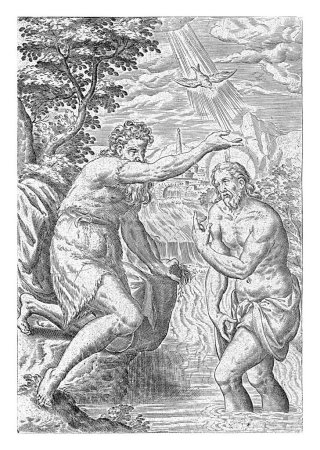 Foto de Bautismo de Cristo, Abraham de Bruyn, después de Gerard van Groeningen, 1583 Ilustración del libro para la historia del bautismo de Cristo (Marcos 1: 9). Cristo es bautizado por Juan el Bautista en el Jordán. - Imagen libre de derechos