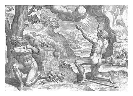 Téléchargez les photos : Sacrifice de Caïn et Abel, Johann Sadeler (I), d'après Michiel Coxie (I), 1639 Les Sacrifices de Caïn et Abel. Au premier plan l'autel sacrificiel de Caïn, sur lequel sont offerts les fruits du pays. - en image libre de droit