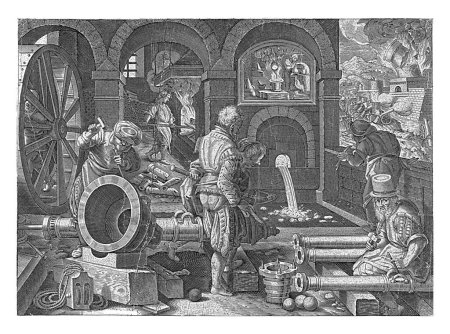 Téléchargez les photos : Atelier d'artillerie, Philips Galle (attribué à l'atelier de), d'après Jan van der Straet, vers 1589 - vers 1593 Dans un atelier d'artillerie, quelques ferronniers préparent un canon. - en image libre de droit