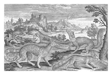 Photo for Martens, squirrels and a fox, Adriaen Collaert, 1595 - 1599 In the foreground a fox, a marten and a spotted polecat. In the background a two squirrel in a landscape. - Royalty Free Image