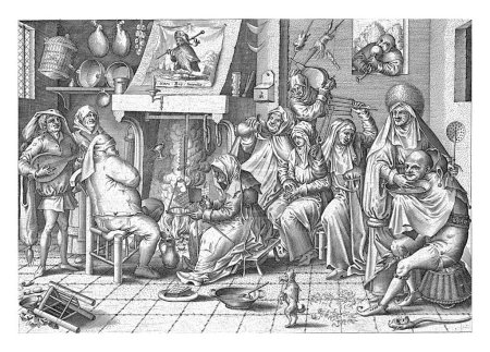 Téléchargez les photos : Mardi saint, Pieter van der Heyden, d'après Jheronimus Bosch, 1567 Dans un intérieur d'une cuisine il y a une compagnie joyeuse avec une vieille femme faisant des gaufres près de la cheminée (Mardi saint). - en image libre de droit